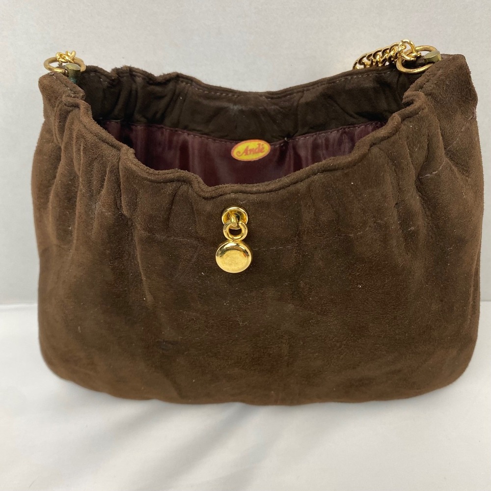 Ande‎ Clutch Handbag Womens Small Brown Suede Gold Chain Strap Evening Bag